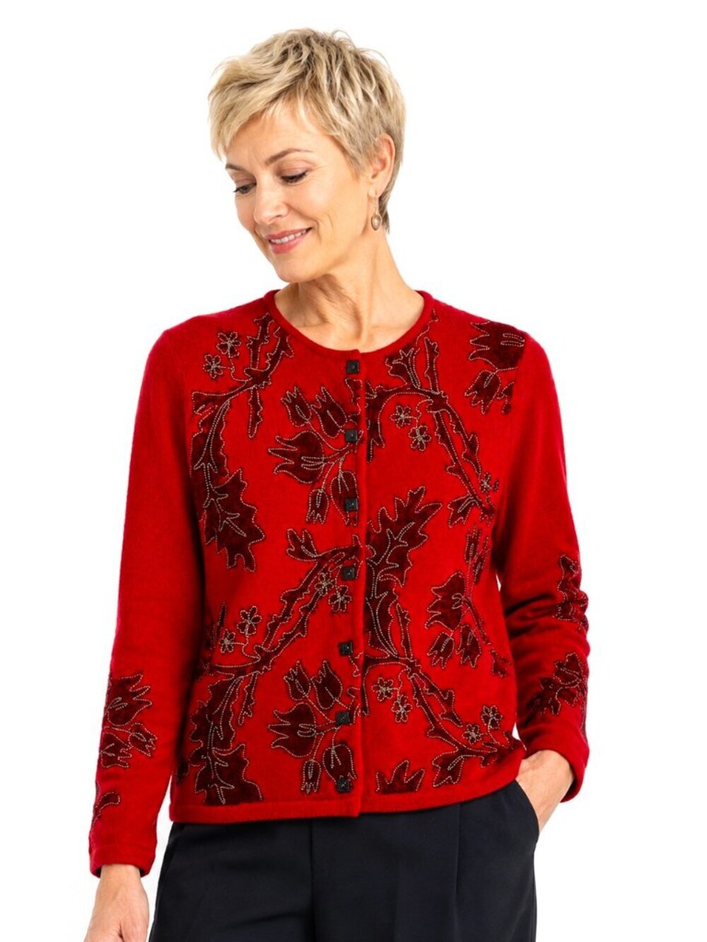 Vintage Susan Bristol Red Hand Embroidered Wool Cardigan